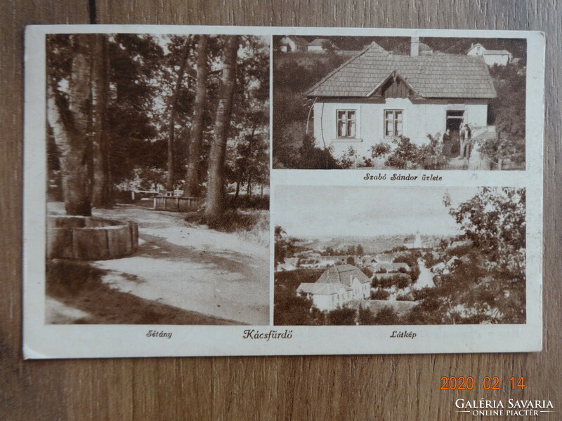 Old postcard: Kácsfürdő, promenade, Sándor szabo's shop, view