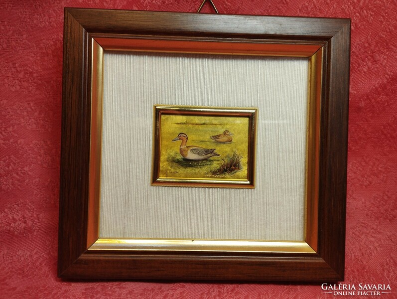 Gold foil cromo lithograph framed marked wild duck image