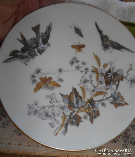 Antik Pirkenhammer tányér madarakkal  -plasztikus aranyszínű festéssel