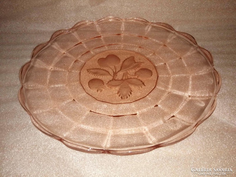 Coral-colored fruit-patterned glass serving dish, table center - dia. 32 cm (6p)