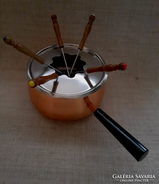 Red copper fondue pot set with copper marked Czechoslovak gasoline cooking stove in one