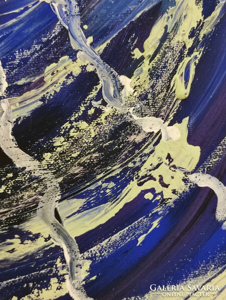 "Téli napforduló" olaj vászon modern kék tónusú arany csillámos nonfiguratív absztrakt festmény