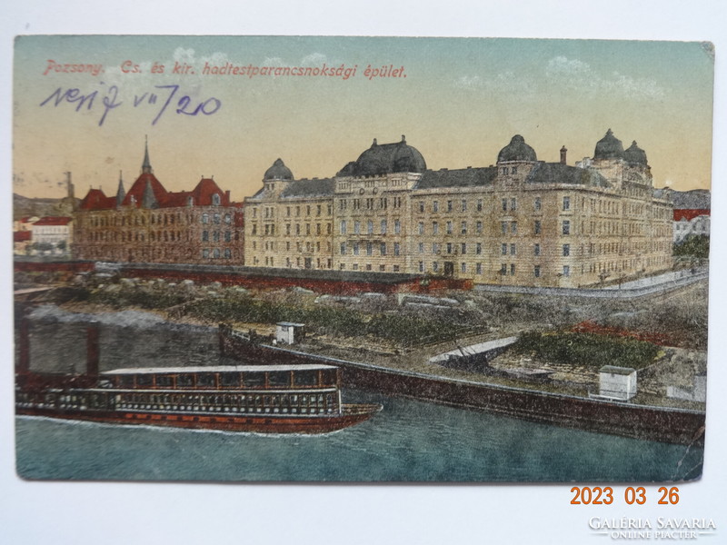 Régi képeslap: Pozsony, Cs. és kir. hadtestparancsnoksági épület, 1917