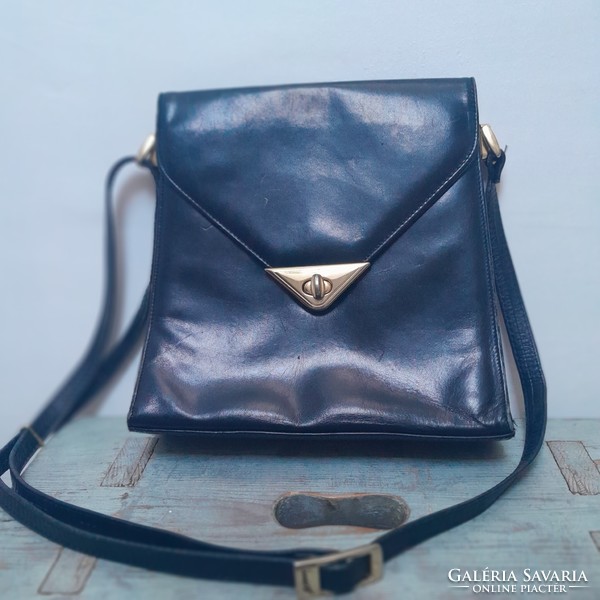 Vintage deep blue trapeze genuine leather women's shoulder bag with gilded buckle