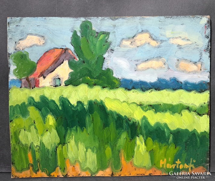 Mártonfi benke márta: field with cottage (oil painting landscape) village landscape