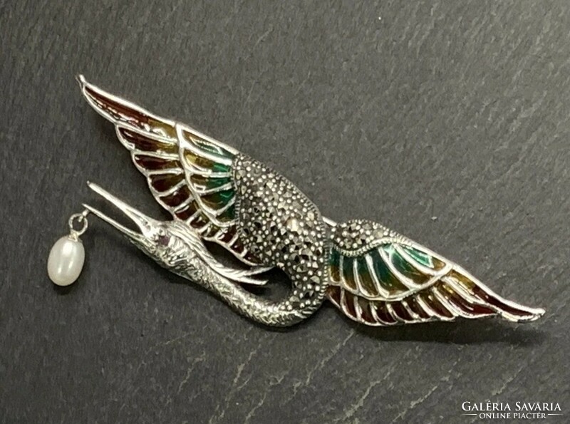 Huge fabulous silver art nouveau brooch with bird marcasite, silver /925/ --new