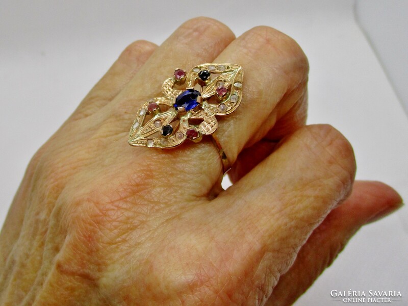 Szépséges 8kt antik arany gyűrű rubin és  zafír  kövekkel
