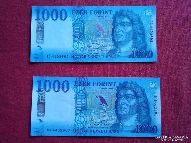 Unc 1000 ft paper money duo with consecutive serial numbers, unfolded banknote in beautiful condition 2017