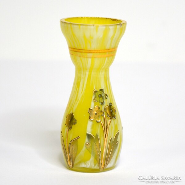 Bohemian yellow and white violet vase - a souvenir from Füred