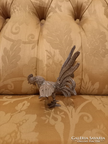 Beautiful old silver-plated war cock statue i. (10.9X8.3x7.7 cm)