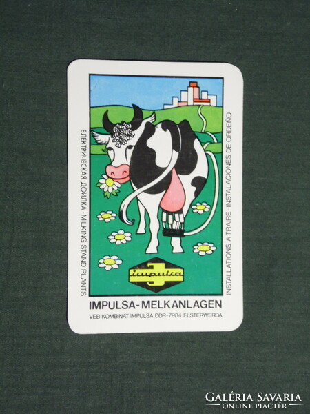 Kártyanaptár, Impulsa tejipari vállalat az NDK -ból., grafikai rajzos,humoros, tehén, 1977,   (4)