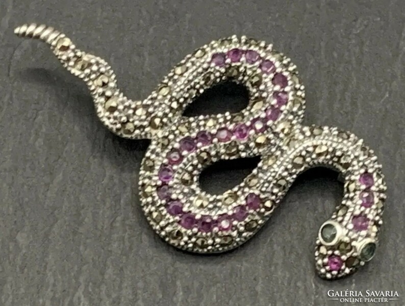 Huge beautiful snake, sterling silver brooch with ruby, emerald, marcasite/925/ --new