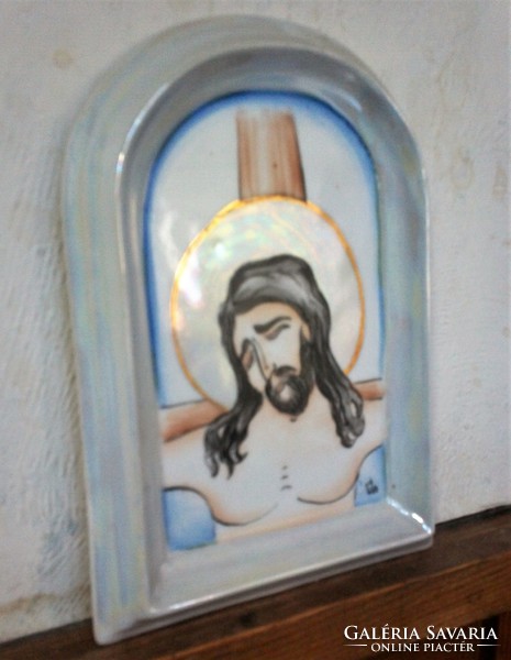 Porcelán fali szentkép, nagyon szép kézi festett, jelzett