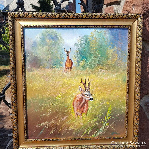 Deer in the forest clearing. Oil, wood 49.5 x 54 cm, painting, landscape, cute picture frame. Tpapp