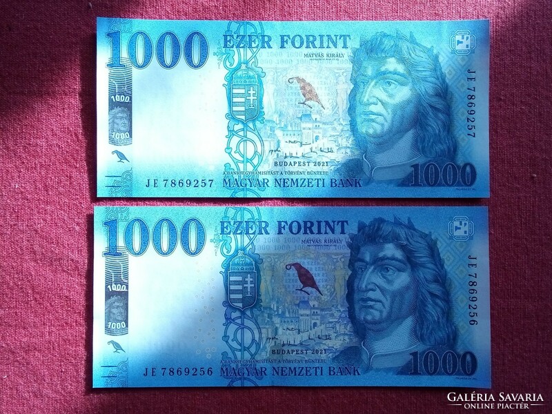 1000 Ft papír pénz duo egymást követő sorszámmal hajtatlan gyönyörű állapotú bankjegy 2021 UNC