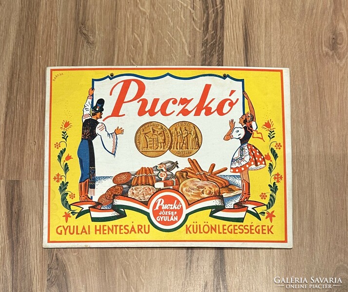 József Puczkó Gyula butcher art deco cardboard advertising sign