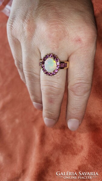 Fabulous Rhodolite and Ethiopian Opal Gemstone Ring, Size 59 925 Sterling Silver New