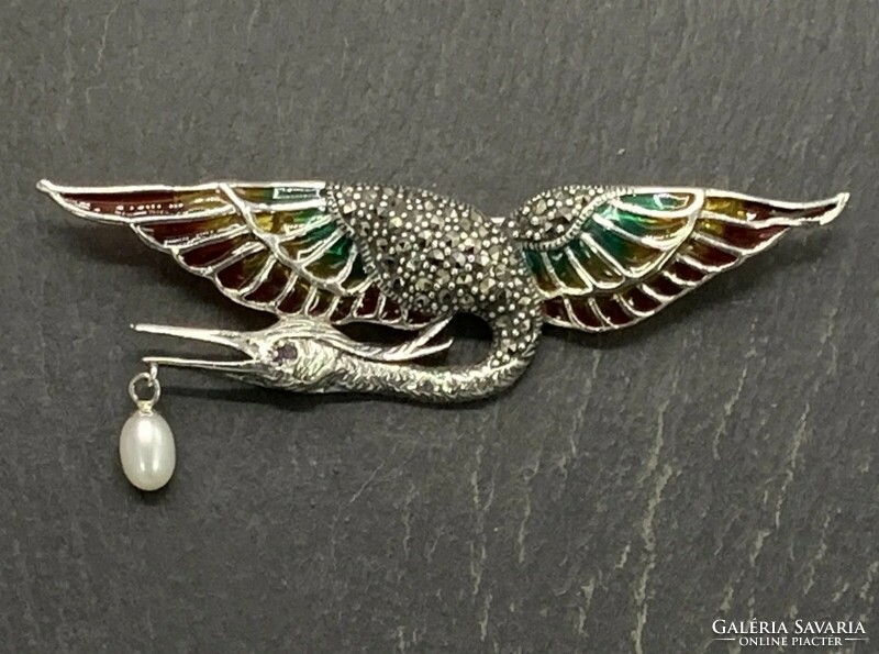 Huge fabulous silver art nouveau brooch with bird marcasite, silver /925/ --new