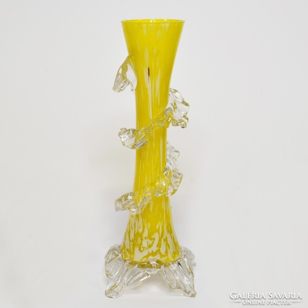 Bohemia yellow and white frilled glass vase