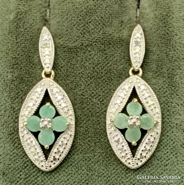 Valódi, természetes smaragd drágaköves  sterling ezüst füli 925, 14K aranyozva  - új