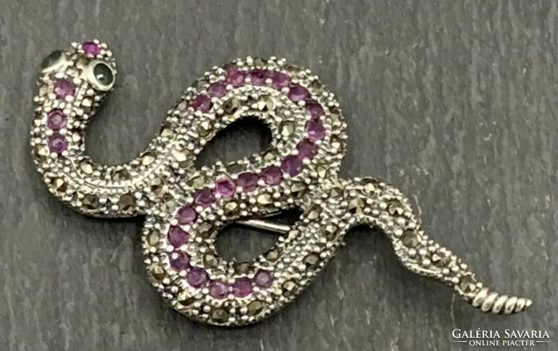 Huge beautiful snake, sterling silver brooch with ruby, emerald, marcasite/925/ --new