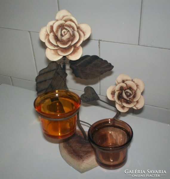 Wrought iron candle holder, candle holder with ceramic roses, with 2 glasses m 24 cm