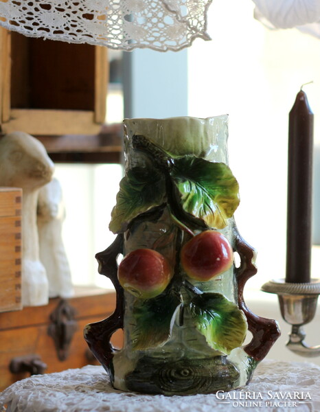 Antique Austrian majolica, julius strnact vase, apples and leaves