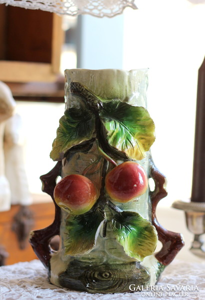 Antique Austrian majolica, julius strnact vase, apples and leaves