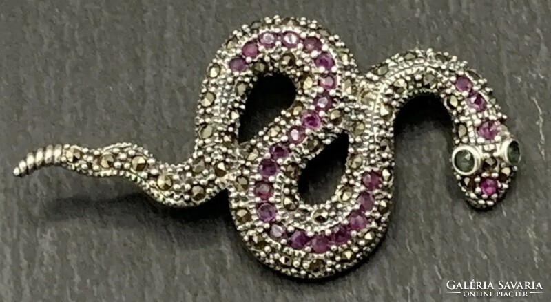 Huge beautiful snake, sterling silver brooch with ruby, emerald, marcasite/925/ --new