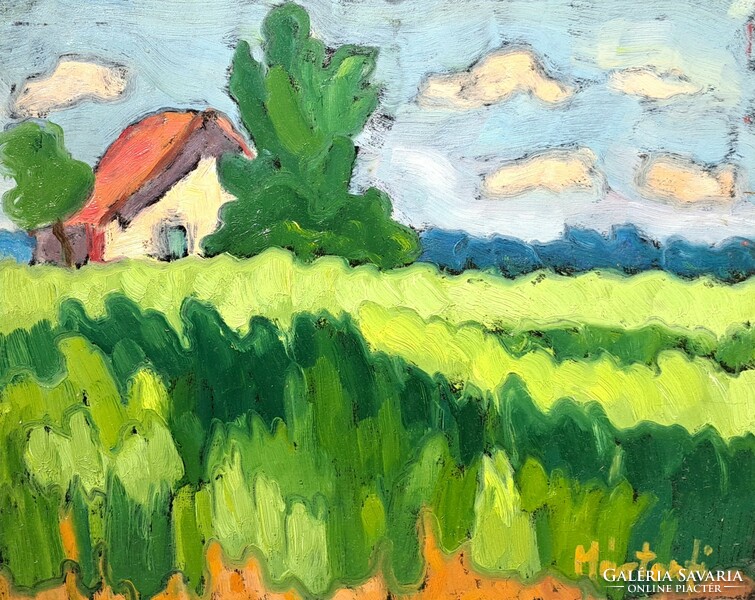 Mártonfi benke márta: field with cottage (oil painting landscape) village landscape