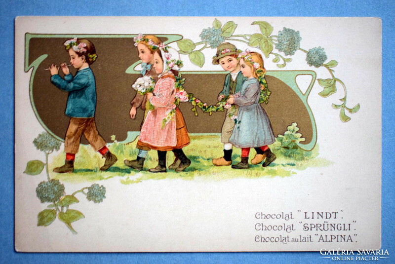 Antique Art Nouveau litho postcard - children, gold background, Lindt chocolate advertisement