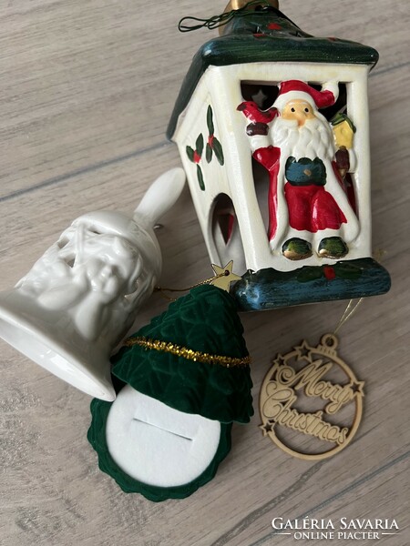 Karácsonyi dekorációs csomag (függeszthető mécses tartó, angyalkás porcelán harang,ékszer tartó…