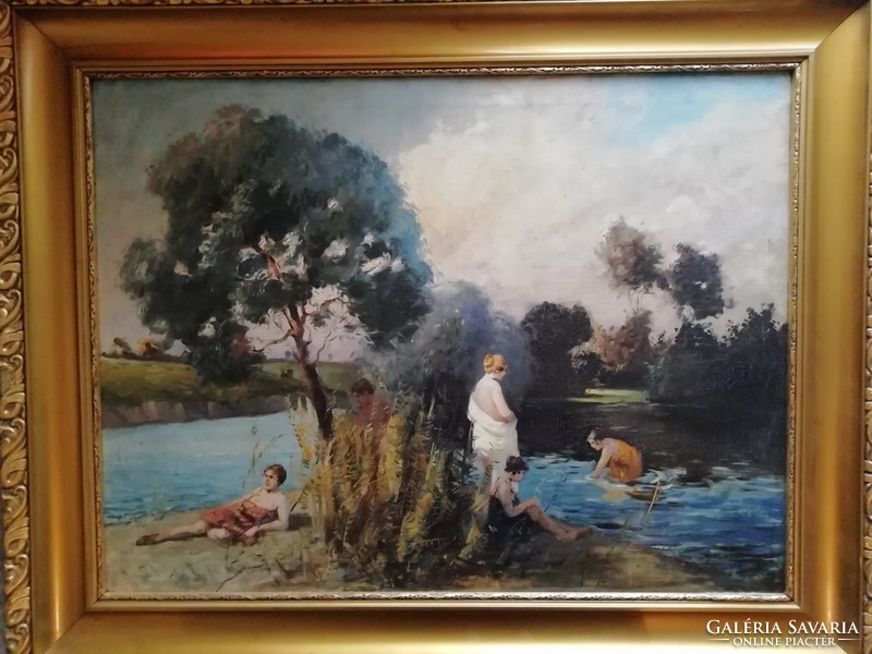 Gyula Németh Hertian: bathers oil, canvas painting, 80 x 60 cm