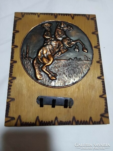 Equestrian copper image + rack on wooden board