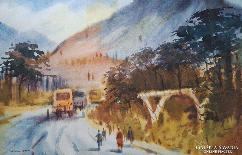 Miklós Osváth: on the road to Naples - 1989, Italy, watercolor in frame