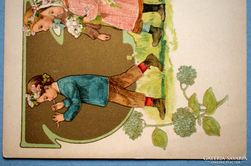 Antik szecessziós litho képeslap -  gyerekek , arany háttér , LINDT csokoládé reklám