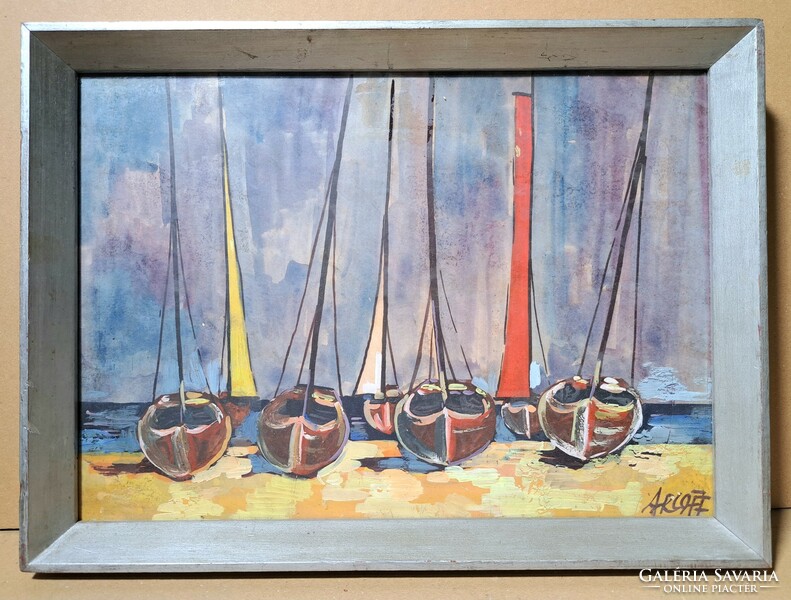 Harbor - painting in silver frame, signed - shipping, ships, sea