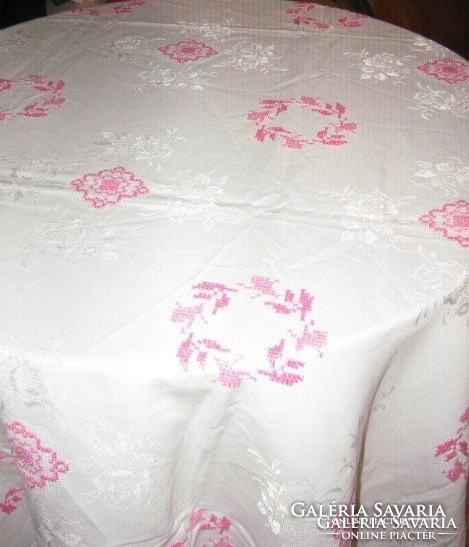 Dreamy, special embroidered pink silk damask tablecloth with a lace edge