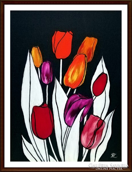 Czinóber - Tulipánok ( 30 x 40, olaj, új keretben )
