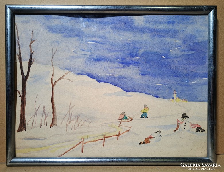 Vidám téli jelenet gyerekekkel (akvarell ezüst keretben) hóember, szánkózás