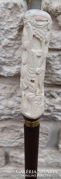 Antique carved bone buddha-headed walking stick, walking stick, dagger stick