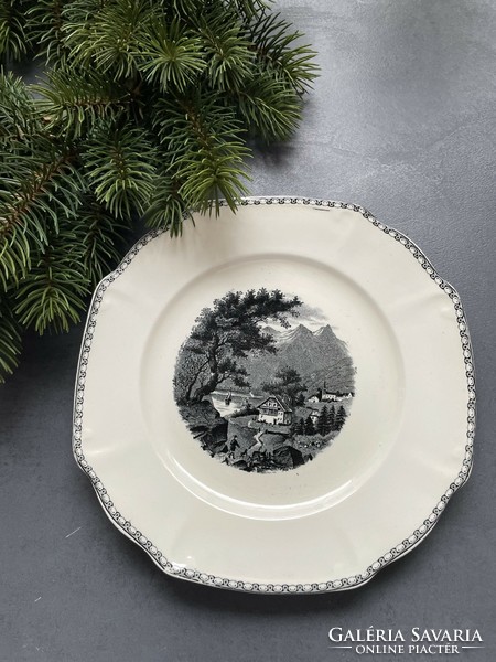 Societe Ceramique Maestricht holland, szép, szögletes monokróm jelenetes tányér