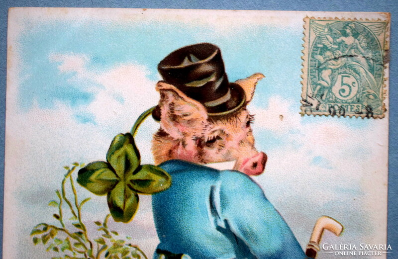 Antique greeting card - Mr. Pig / Pig and the case of the freshly painted bench, 4-leaf clover, bag of money