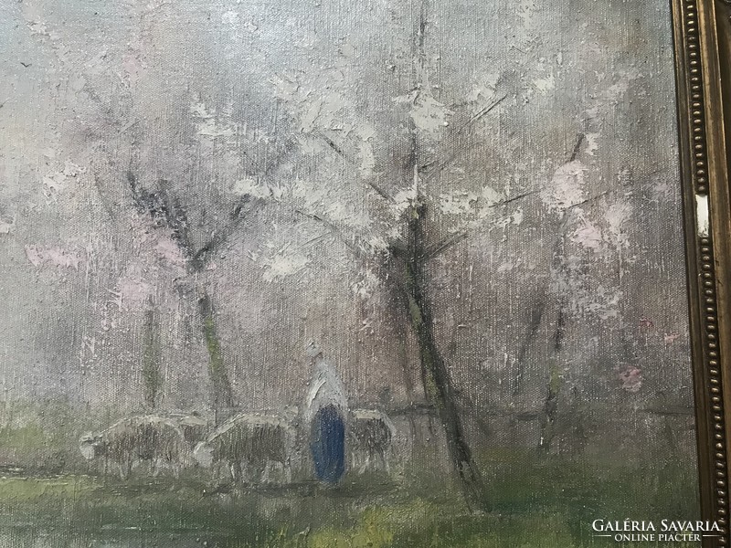 Kézdi kovács element: oil among blooming trees, canvas with beautiful pastel colors