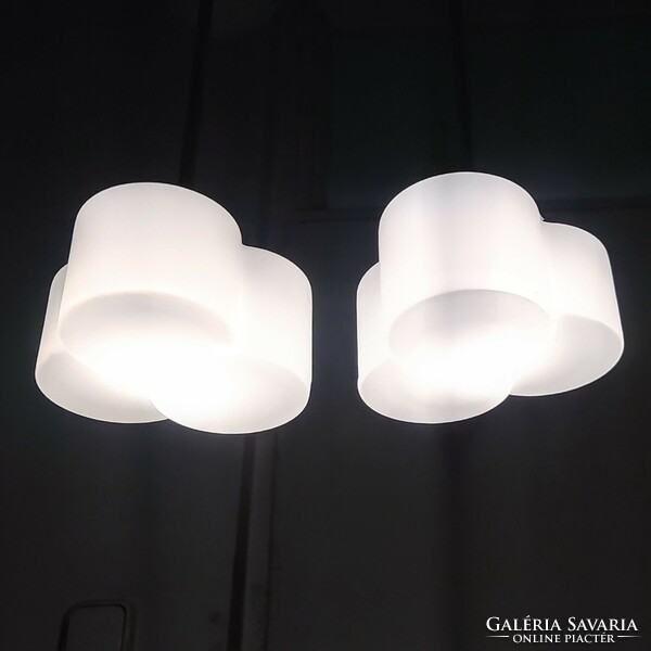 A pair of art deco ceiling lamps renovated - specially shaped acid-stained milk glass shade