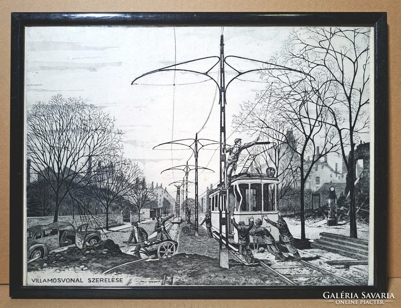 Installing a tram line - a beautiful social realistic etching in a frame, a worker's picture