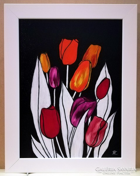 Czinóber - Tulipánok ( 30 x 40, olaj, új keretben )