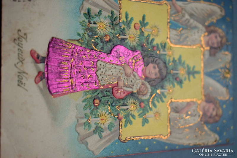 Antique embossed Christmas greeting card - little girl playing with doll, angels, Christmas tree