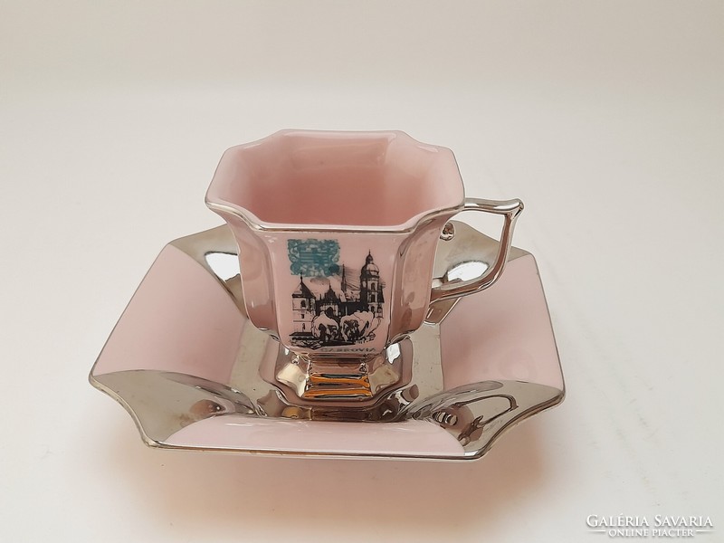 Haas & Czjzek kávéscsésze aljjal, rózsaszín és ezüst