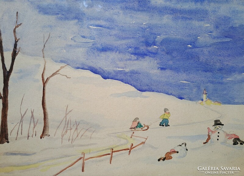 Cheerful winter scene with children (watercolor in silver frame), snowman, sledding